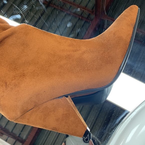 Women’s Cone Heel Knee High Slouchy Boot with Pointed Toe in Camel Faux Suede - Picture 10 of 14